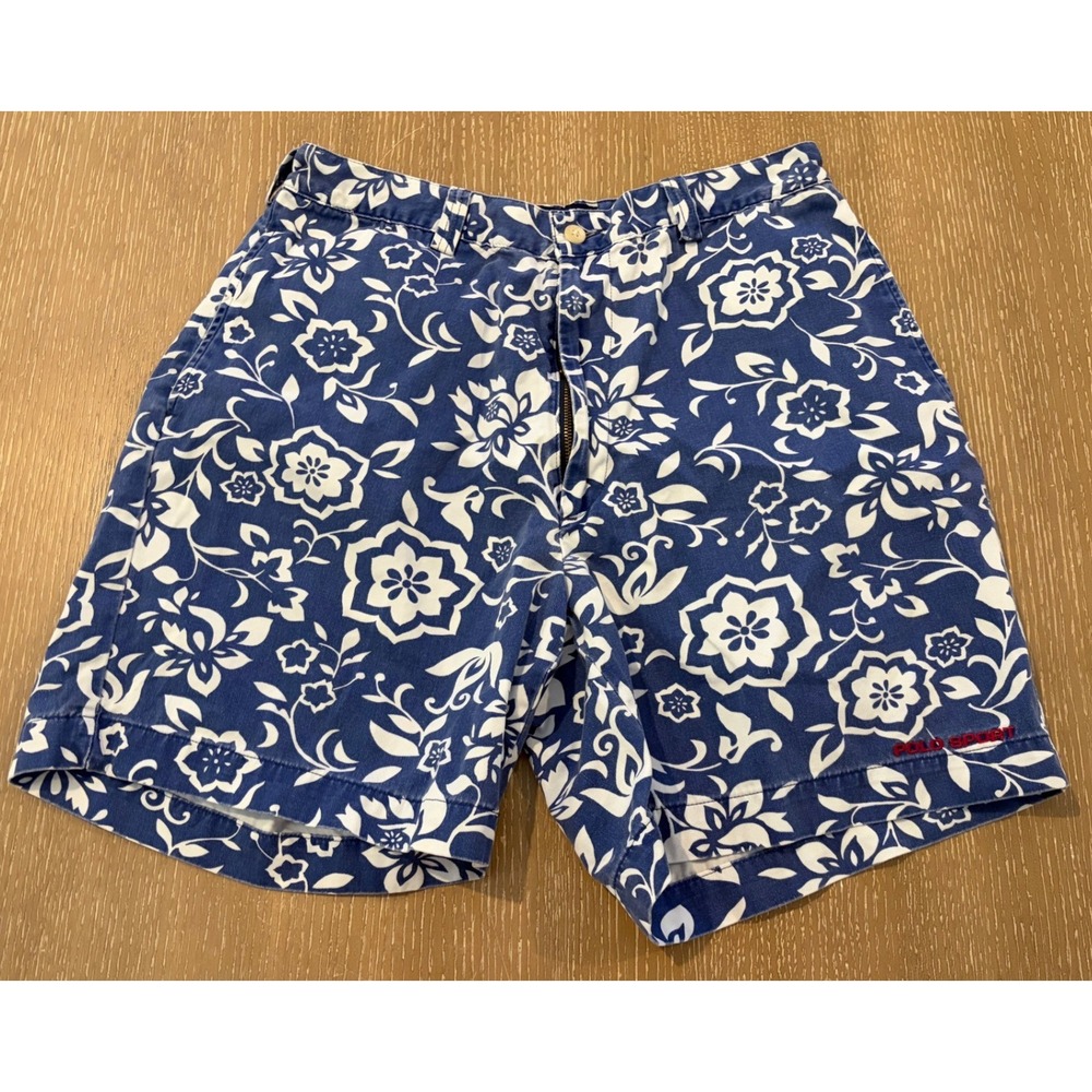 Vintage Ralph Lauren Shorts Mens 34 Blue Floral Polo Sport Chino Hawaiian 90s